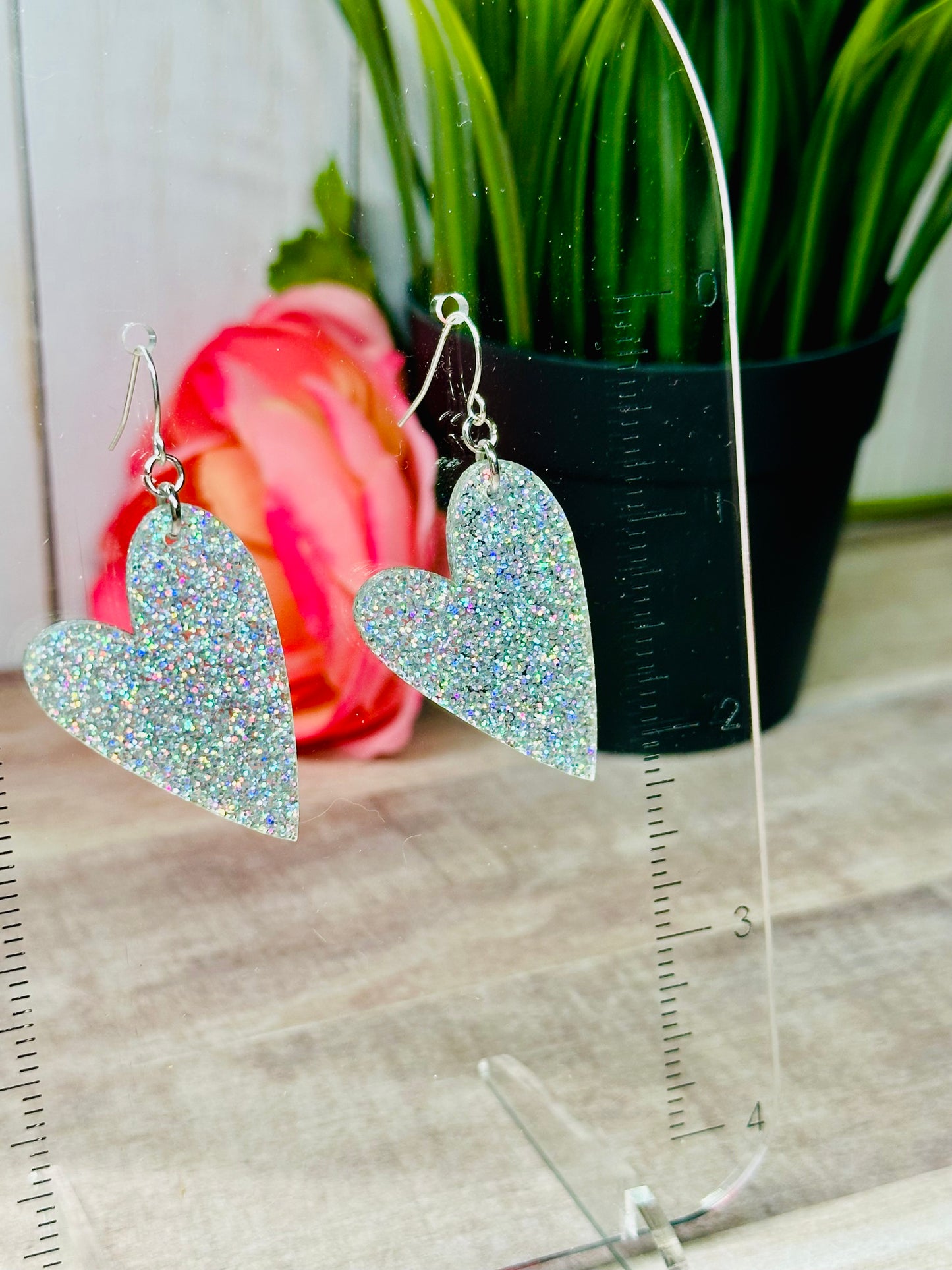 Silver Holographic Glitter Heart Earrings