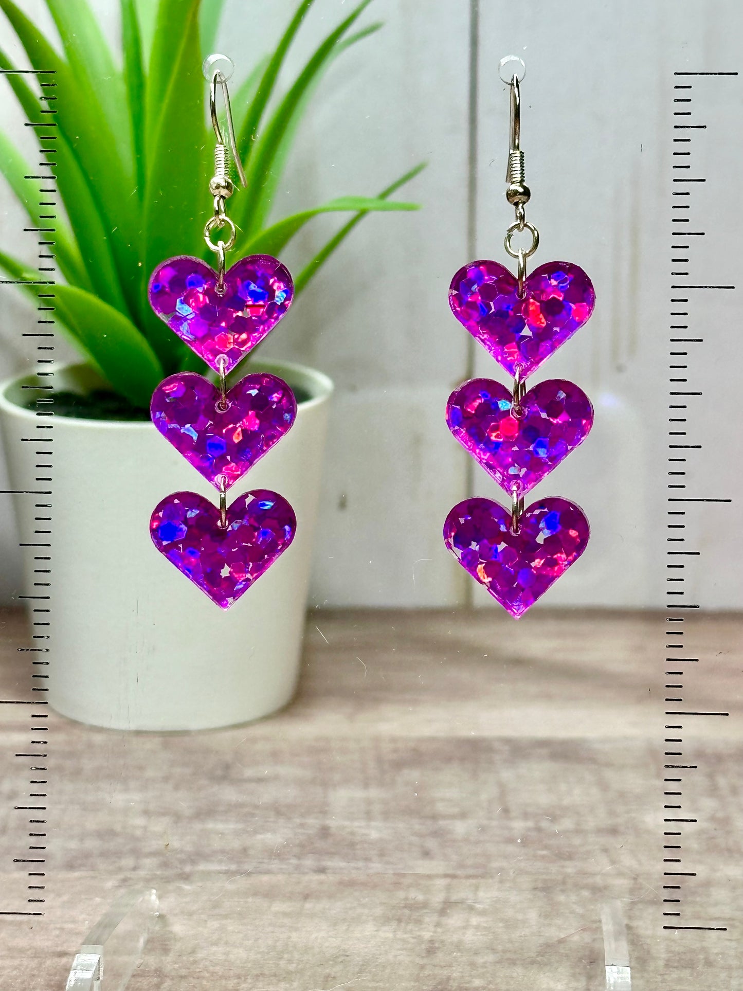 Cascading Magenta Glitter Heart Earrings