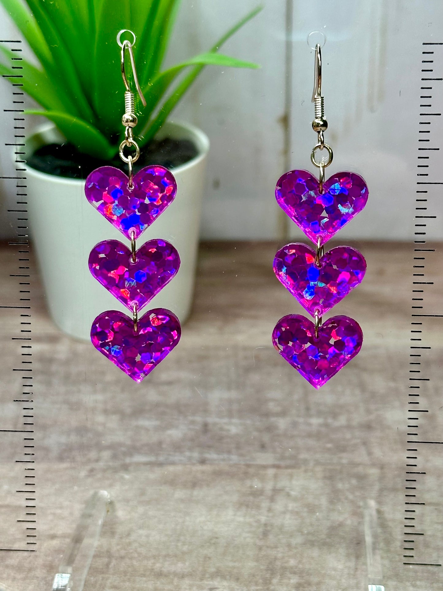 Cascading Magenta Glitter Heart Earrings