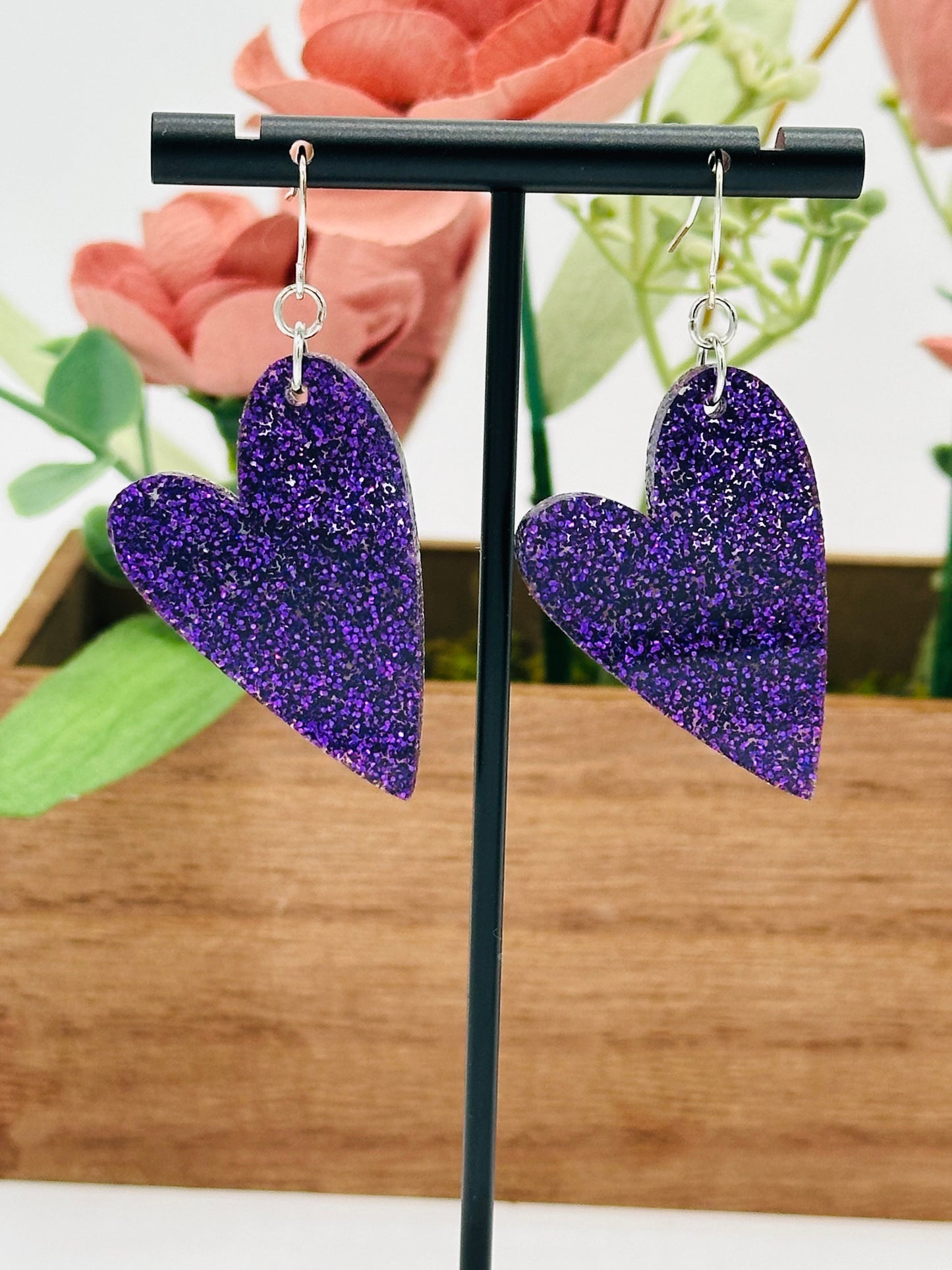 Purple Glitter Heart Earrings