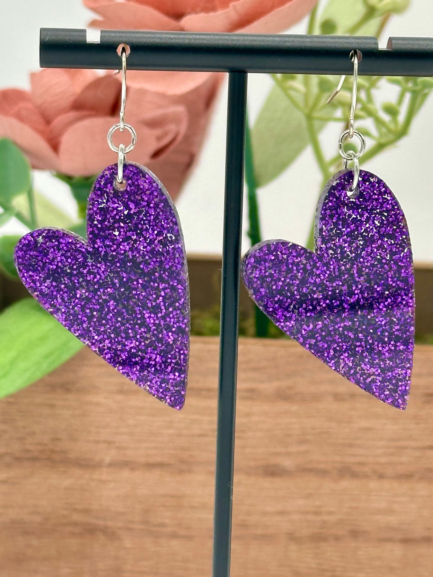 Purple Glitter Heart Earrings