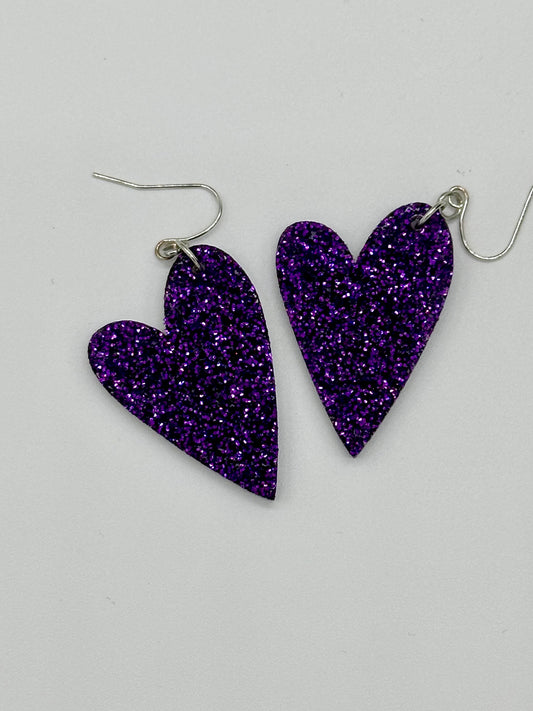 Purple Glitter Heart Earrings