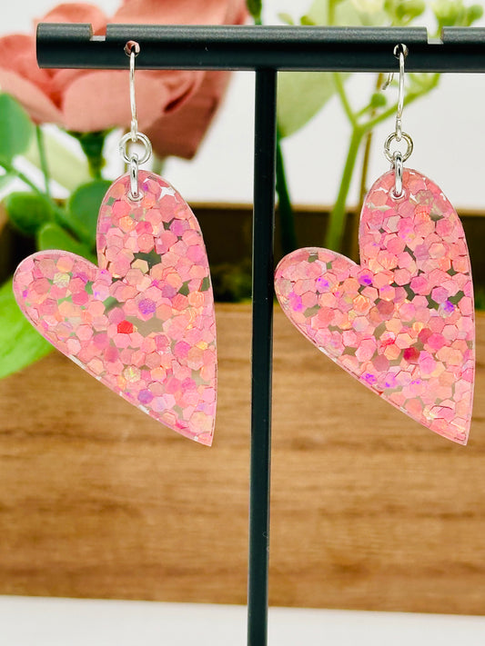 Pink Chunky Holographic Glitter Heart Earrings