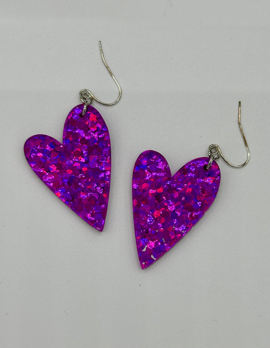 Magenta Holographic Chunky Glitter Heart Earrings