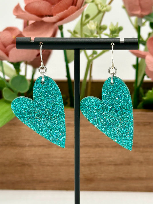 Teal Glitter Heart Earrings