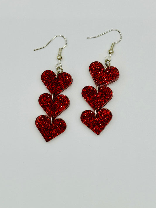 Cascading Red Glitter Heart Earrings