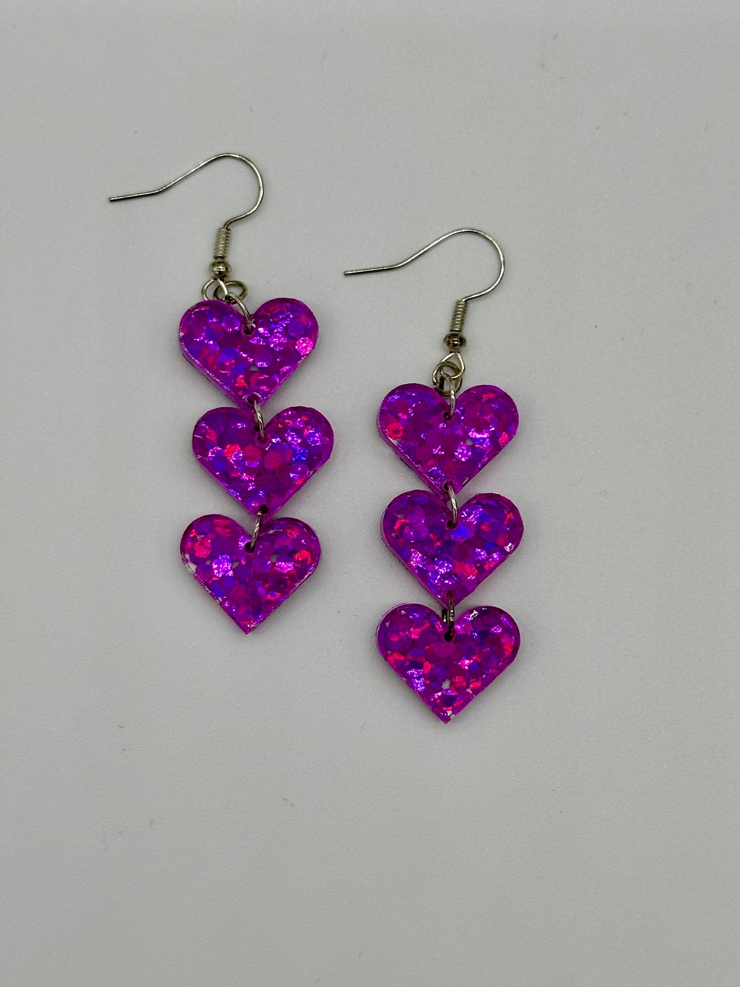 Cascading Magenta Glitter Heart Earrings