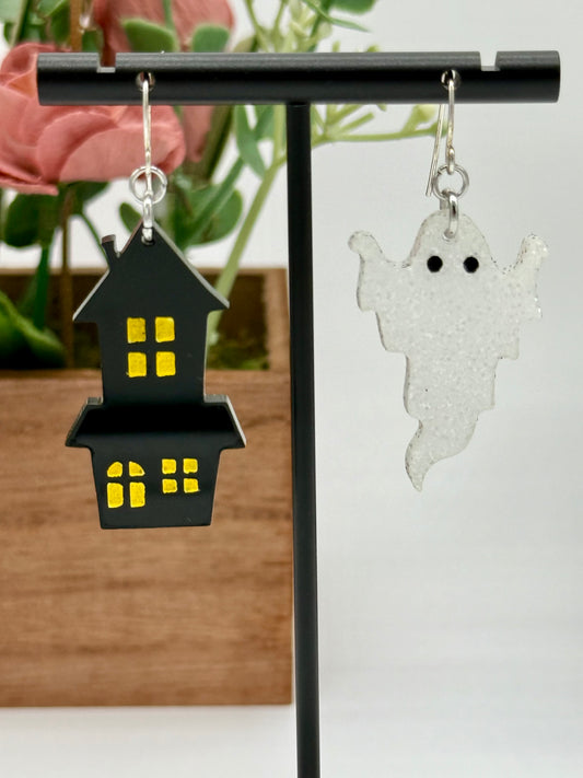 Glitter Ghost and Haunted House Dangle Earrings