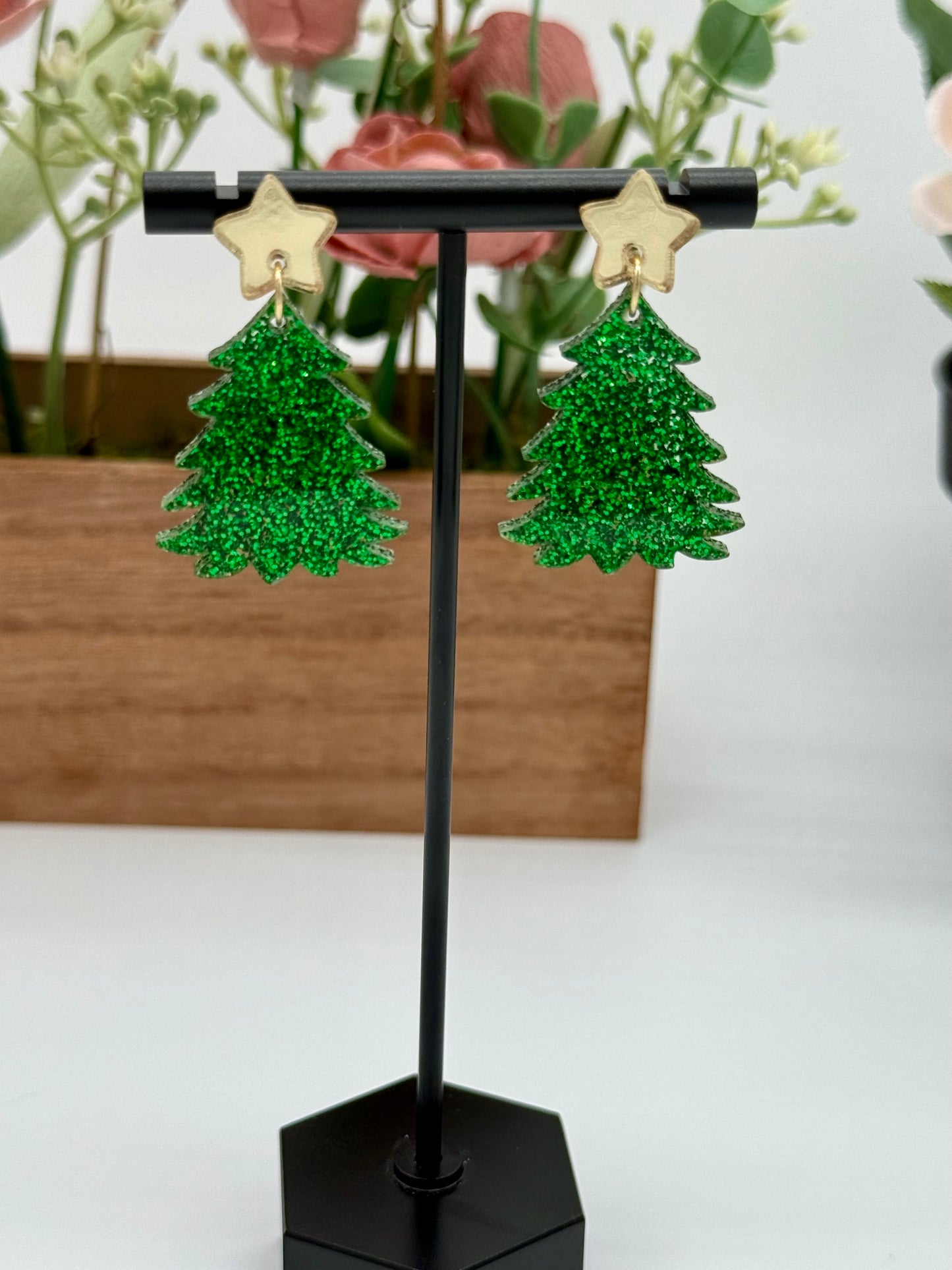 Green Glitter Christmas Tree Earrings