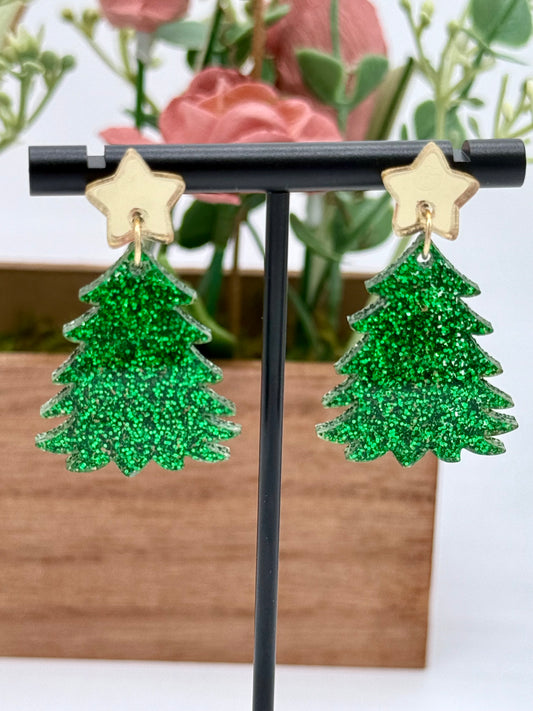 Green Glitter Christmas Tree Earrings