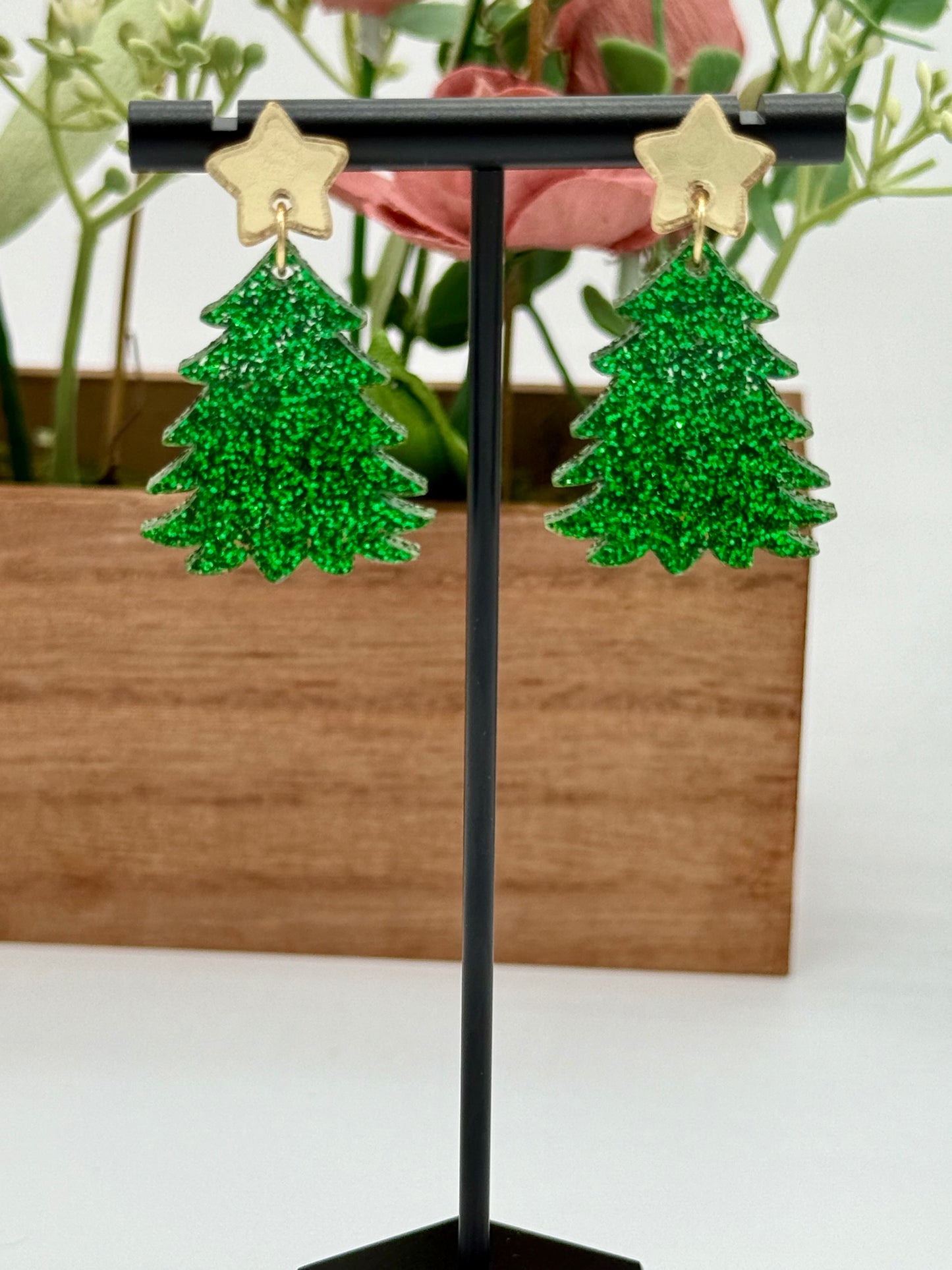 Green Glitter Christmas Tree Earrings