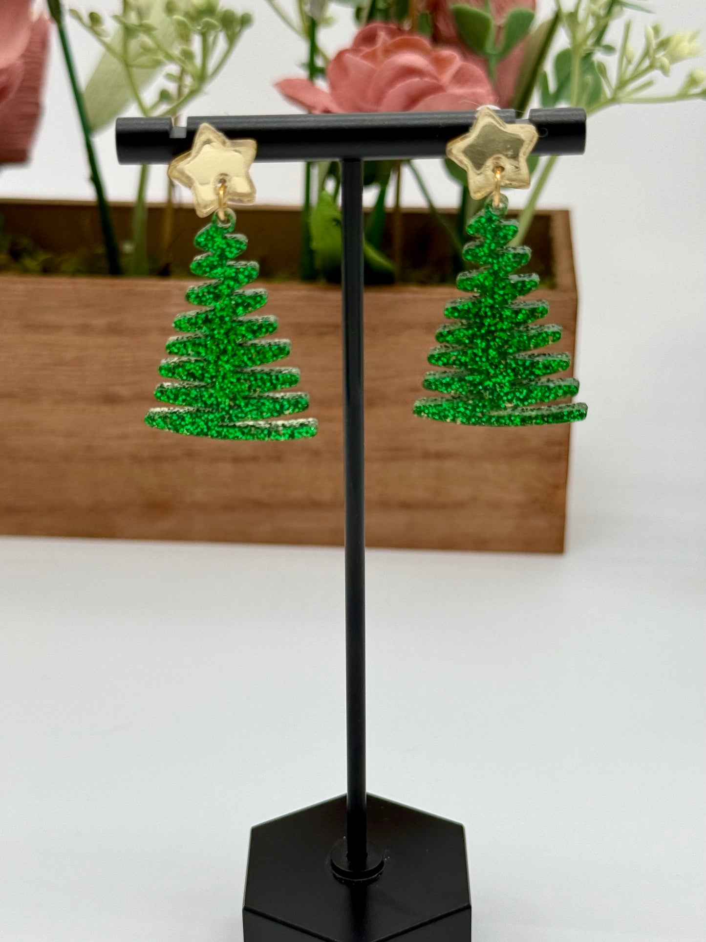 Green Glitter Swirl Christmas Tree Earrings