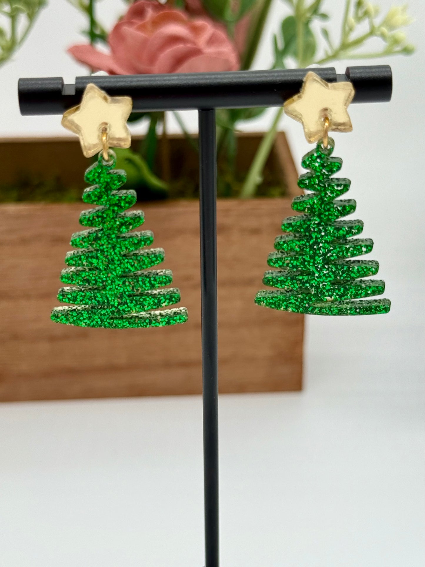 Green Glitter Swirl Christmas Tree Earrings