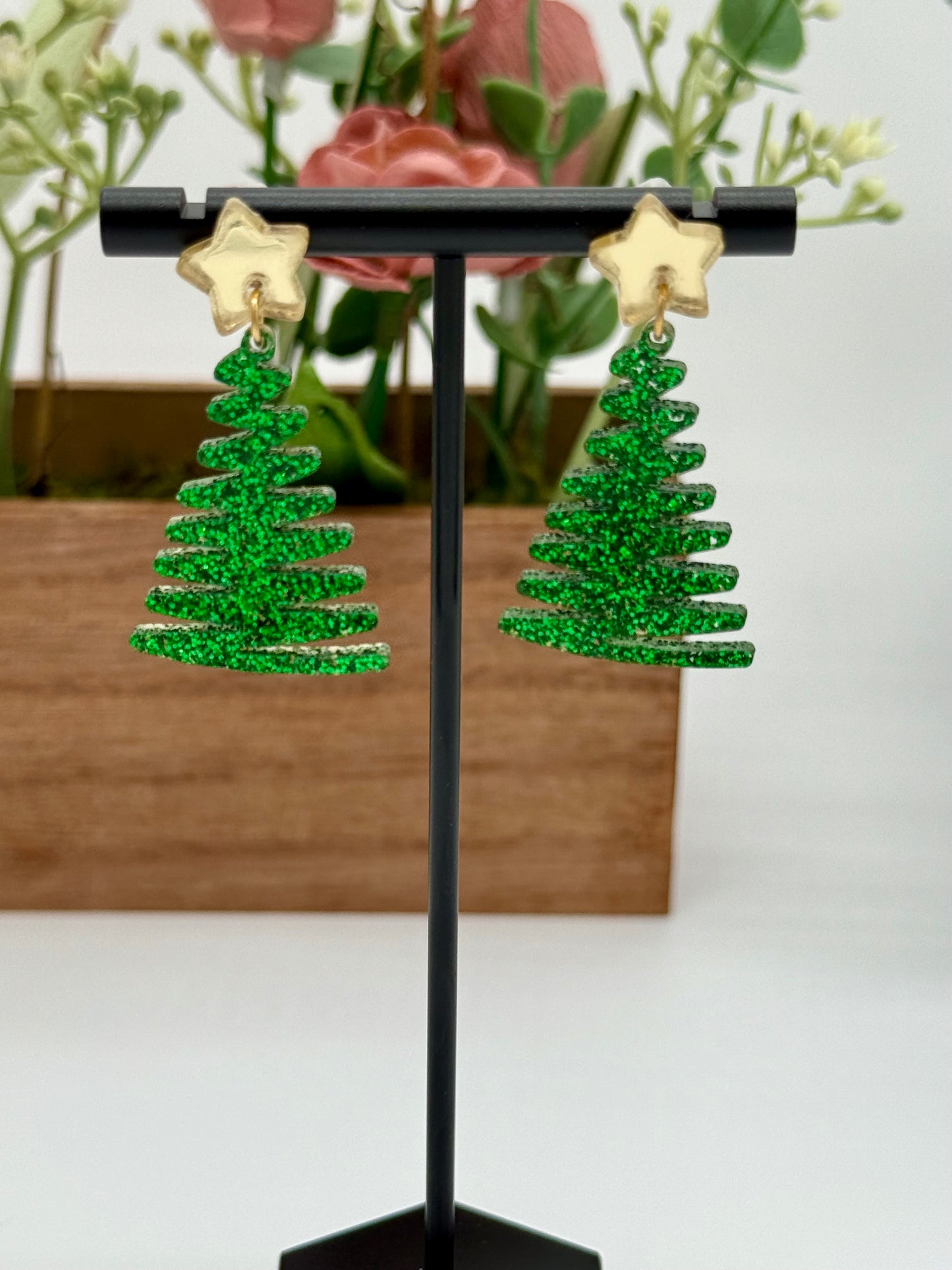 Green Glitter Swirl Christmas Tree Earrings