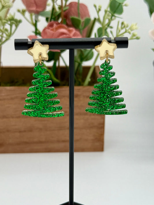 Green Glitter Swirl Christmas Tree Earrings