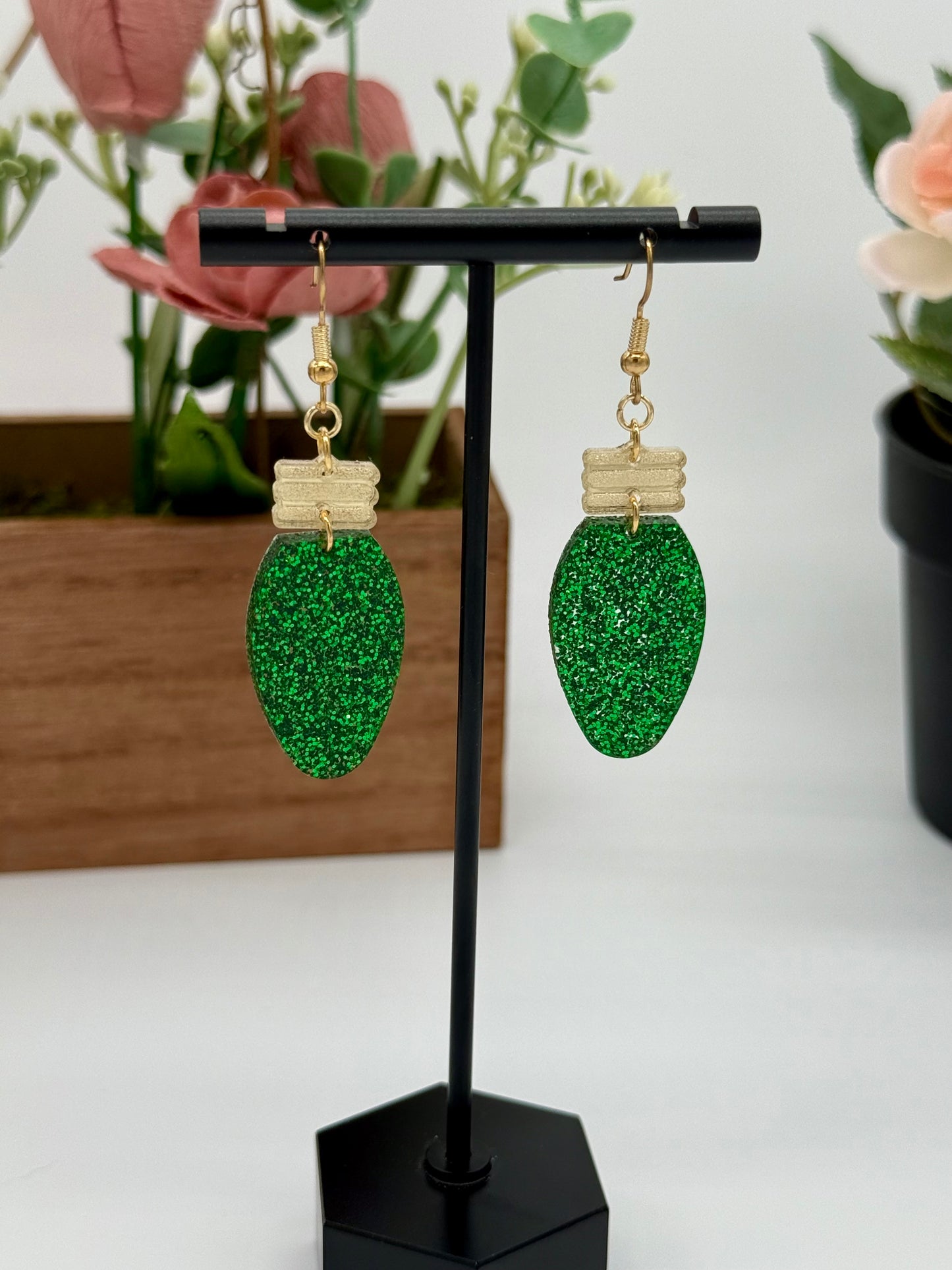 Green Christmas Bulb Dangle Earrings