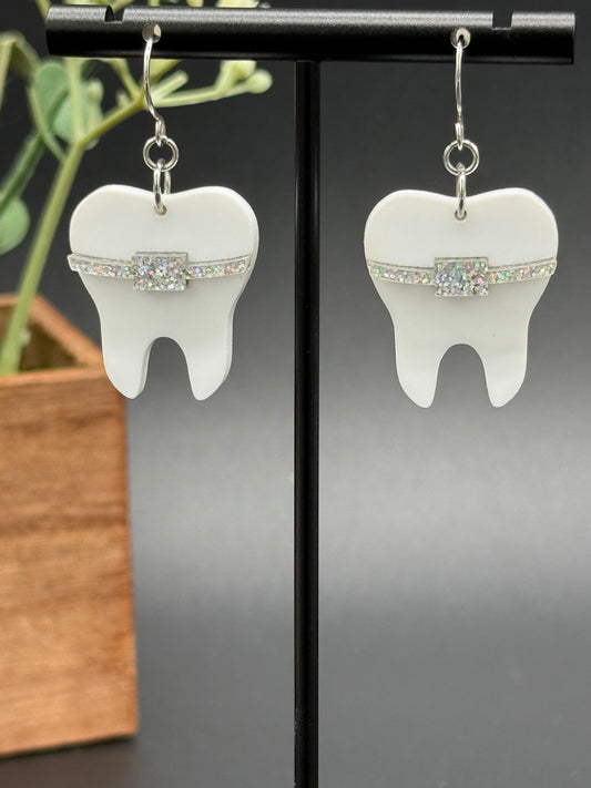 Tooth with Braces Dangle Earrings