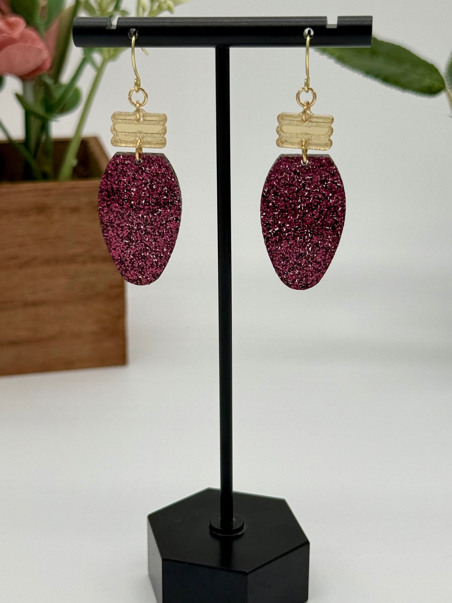 Maroon Glitter Christmas Bulb Earrings