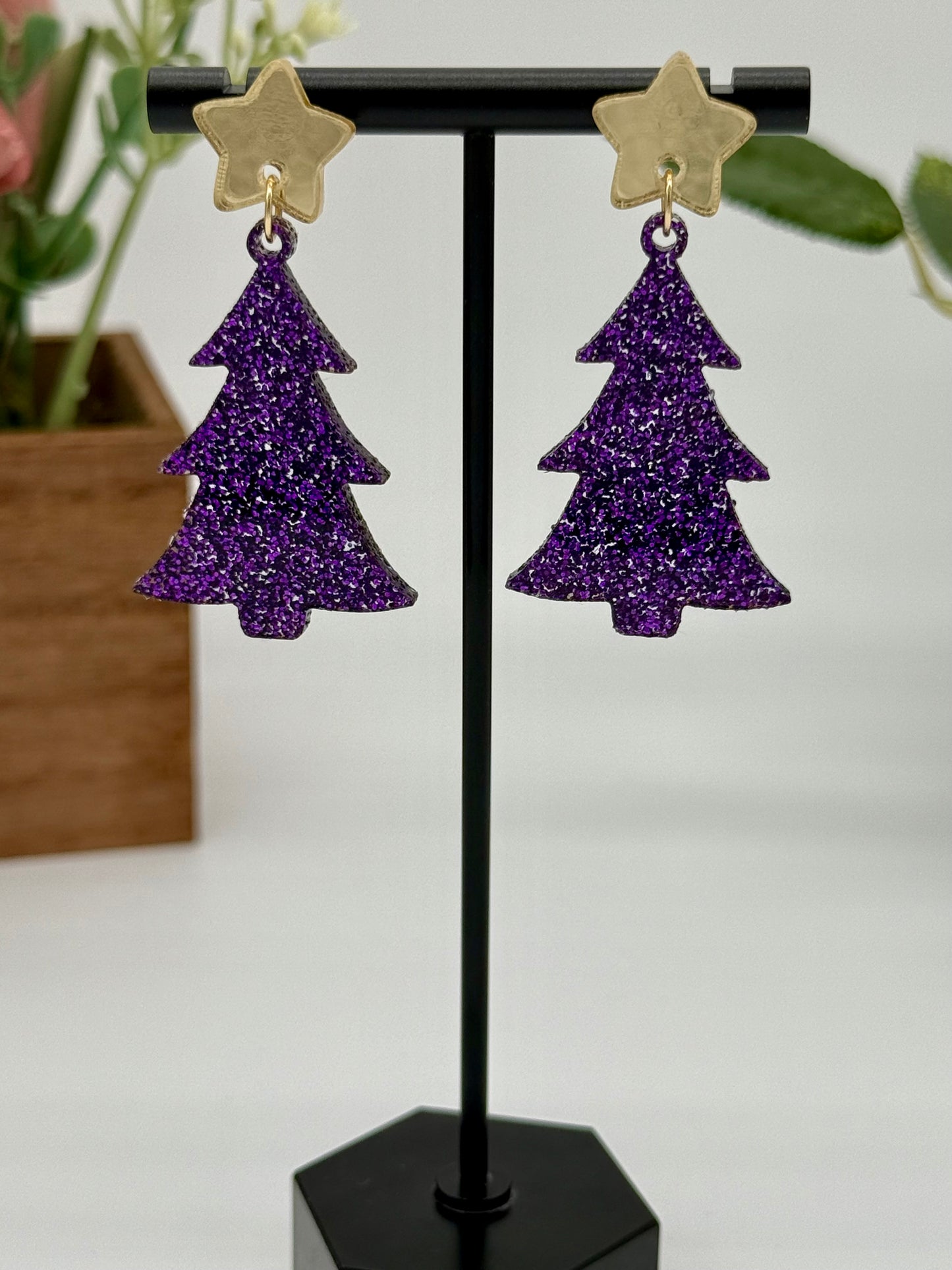 Purple Glitter Christmas Tree Earrings