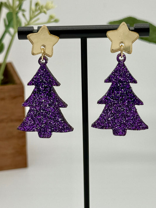 Purple Glitter Christmas Tree Earrings