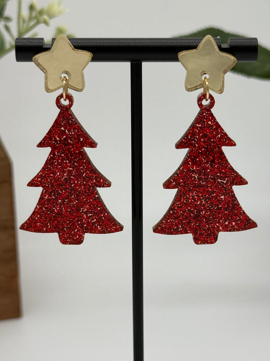 Red Glitter Christmas Tree Earrings