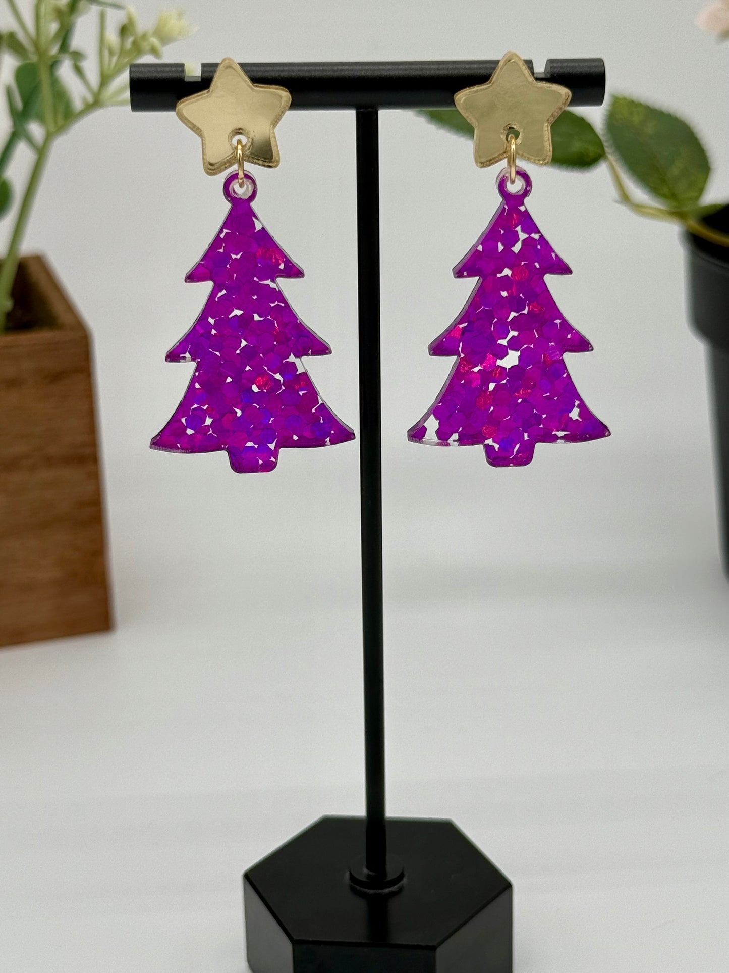 Magenta Holo Glitter Christmas Tree Earrings