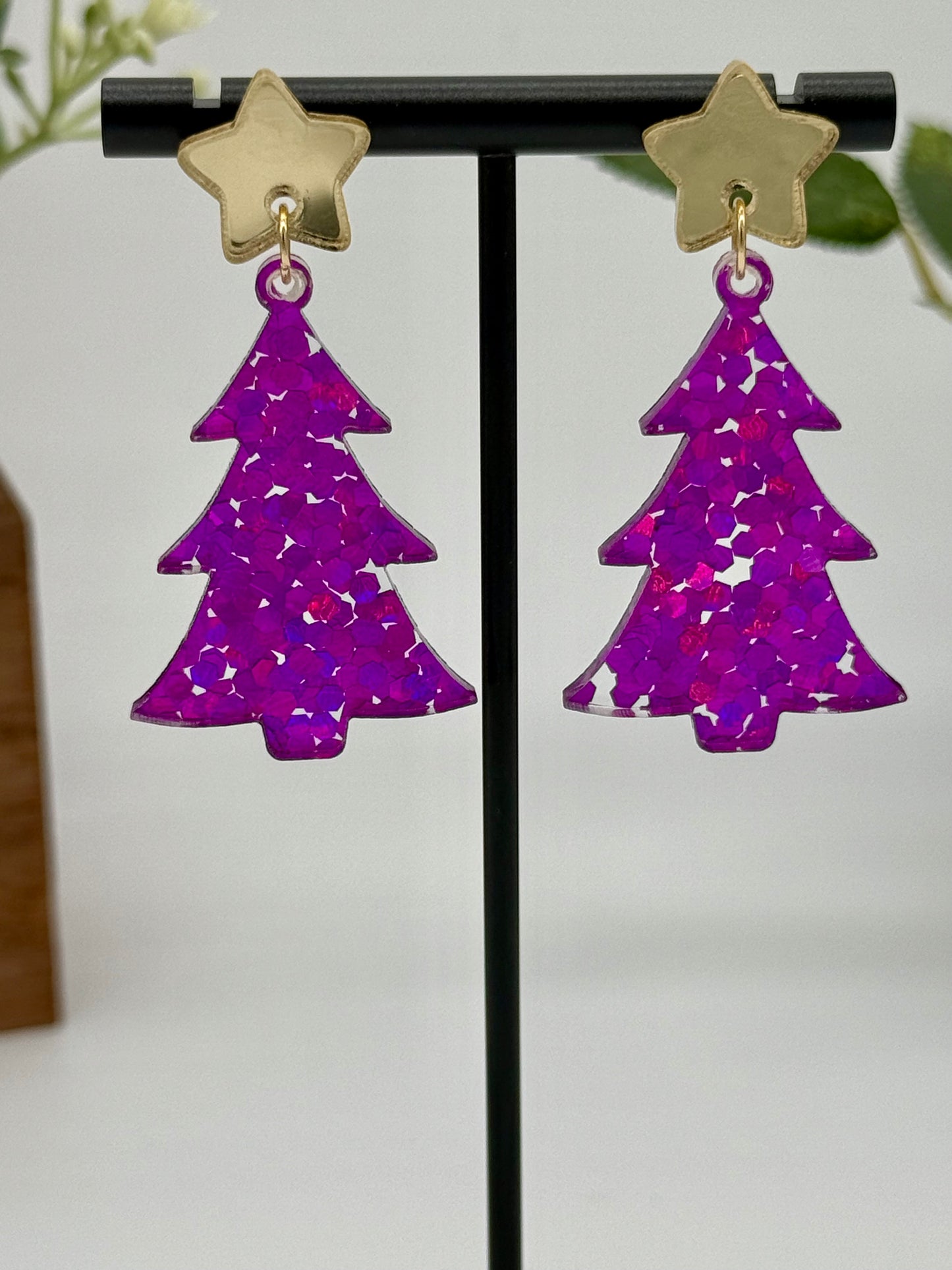 Magenta Holo Glitter Christmas Tree Earrings