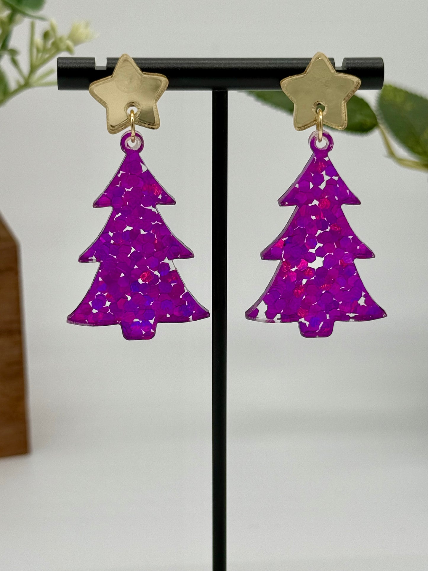 Magenta Holo Glitter Christmas Tree Earrings