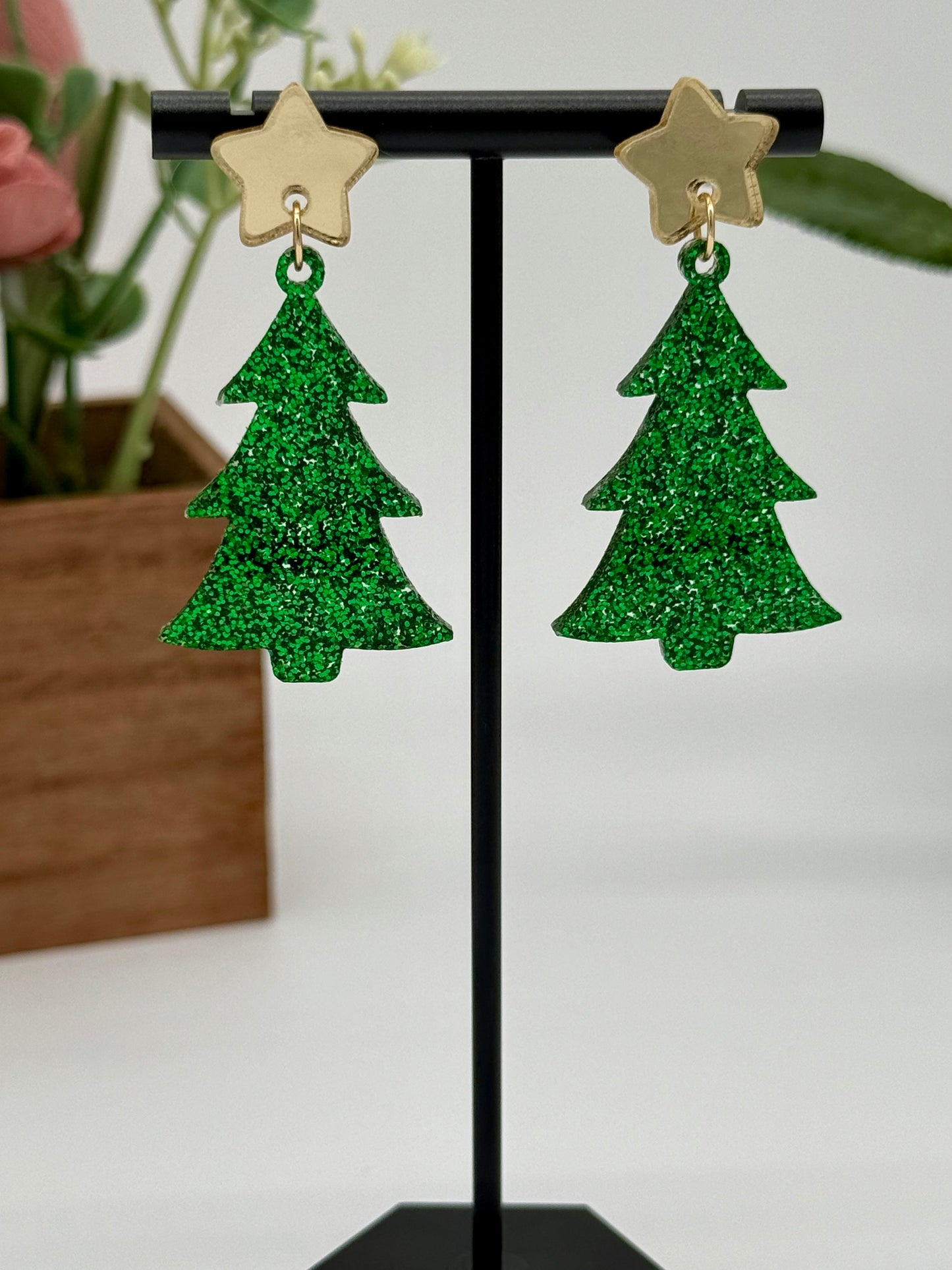 Green Glitter Christmas Tree Earrings