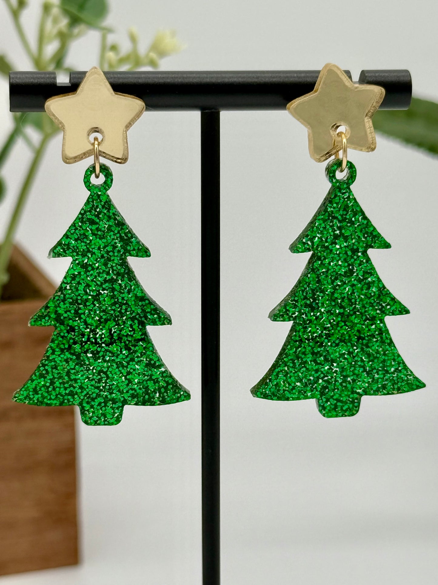 Green Glitter Christmas Tree Earrings