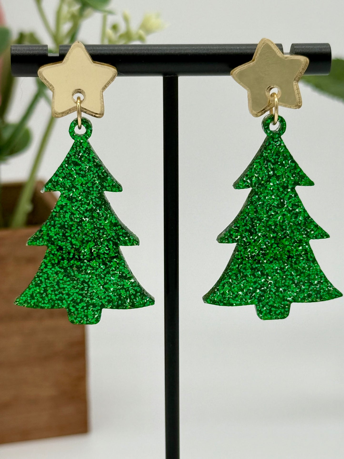 Green Glitter Christmas Tree Earrings