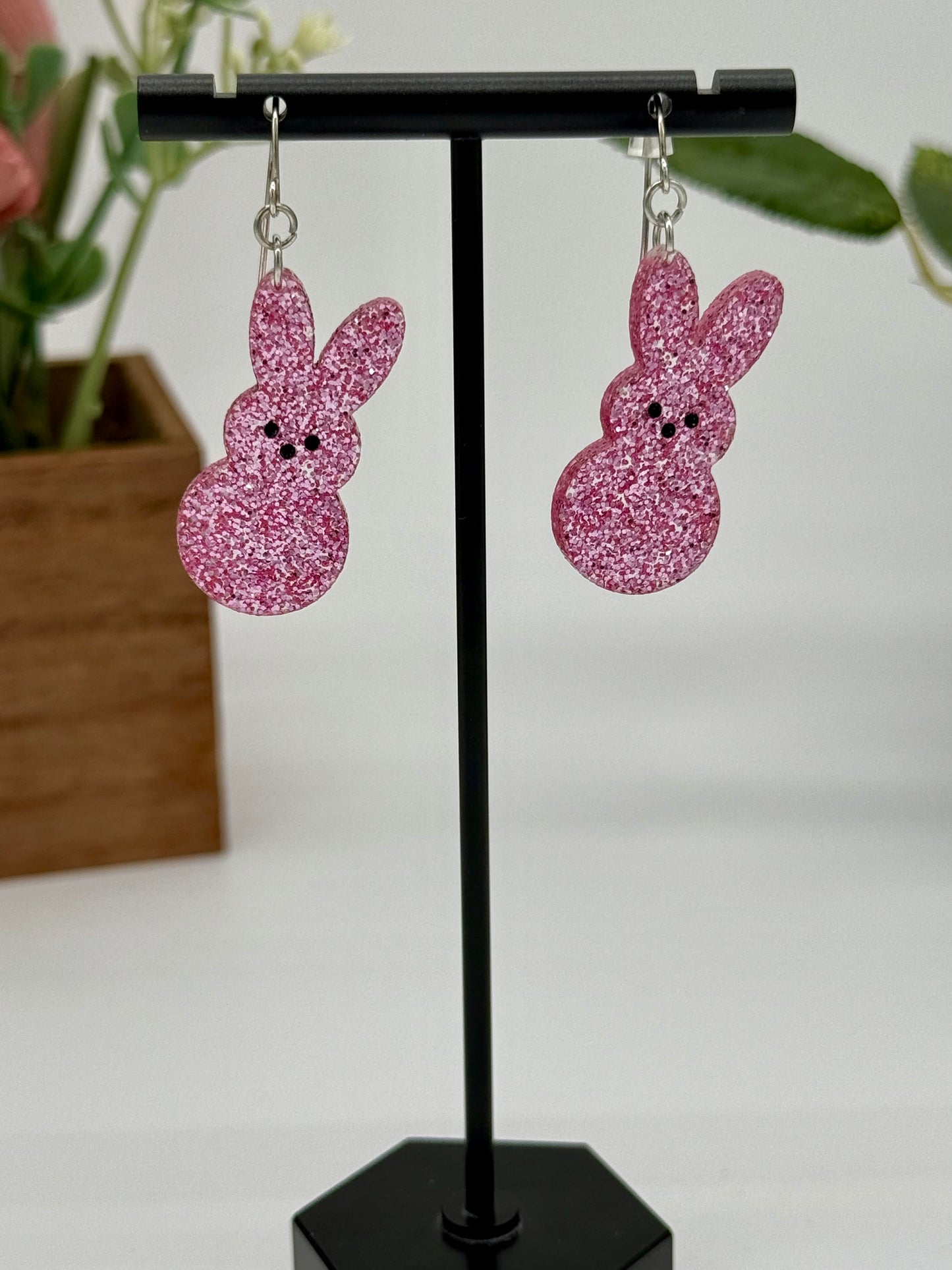 Pink Glitter Marshmallow Bunny Dangle Earrings