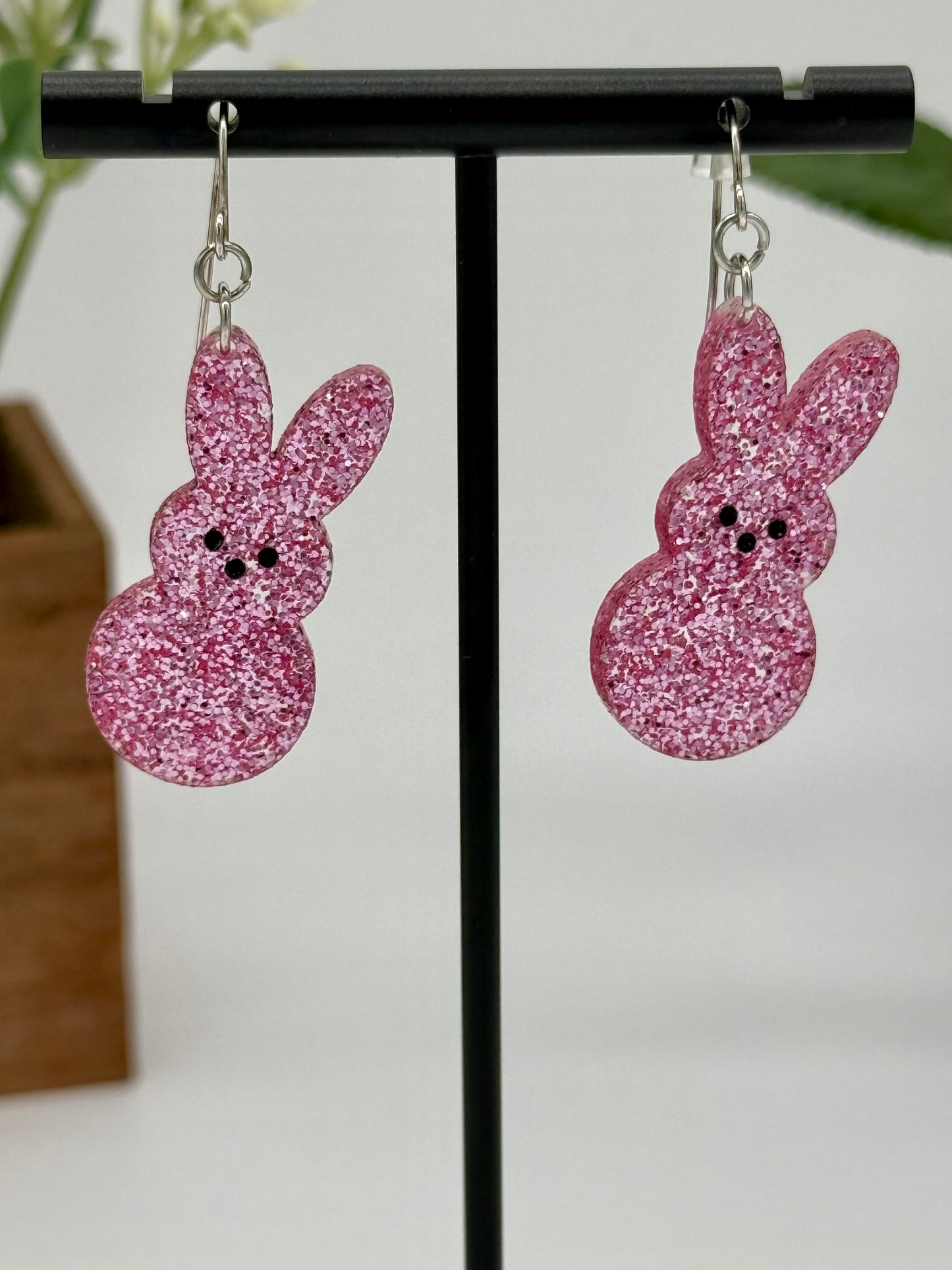 Pink Glitter Marshmallow Bunny Dangle Earrings