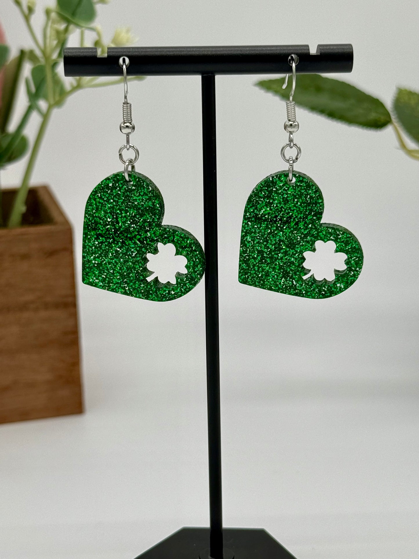 Green Glitter Heart with Shamrock Cutout Earrings