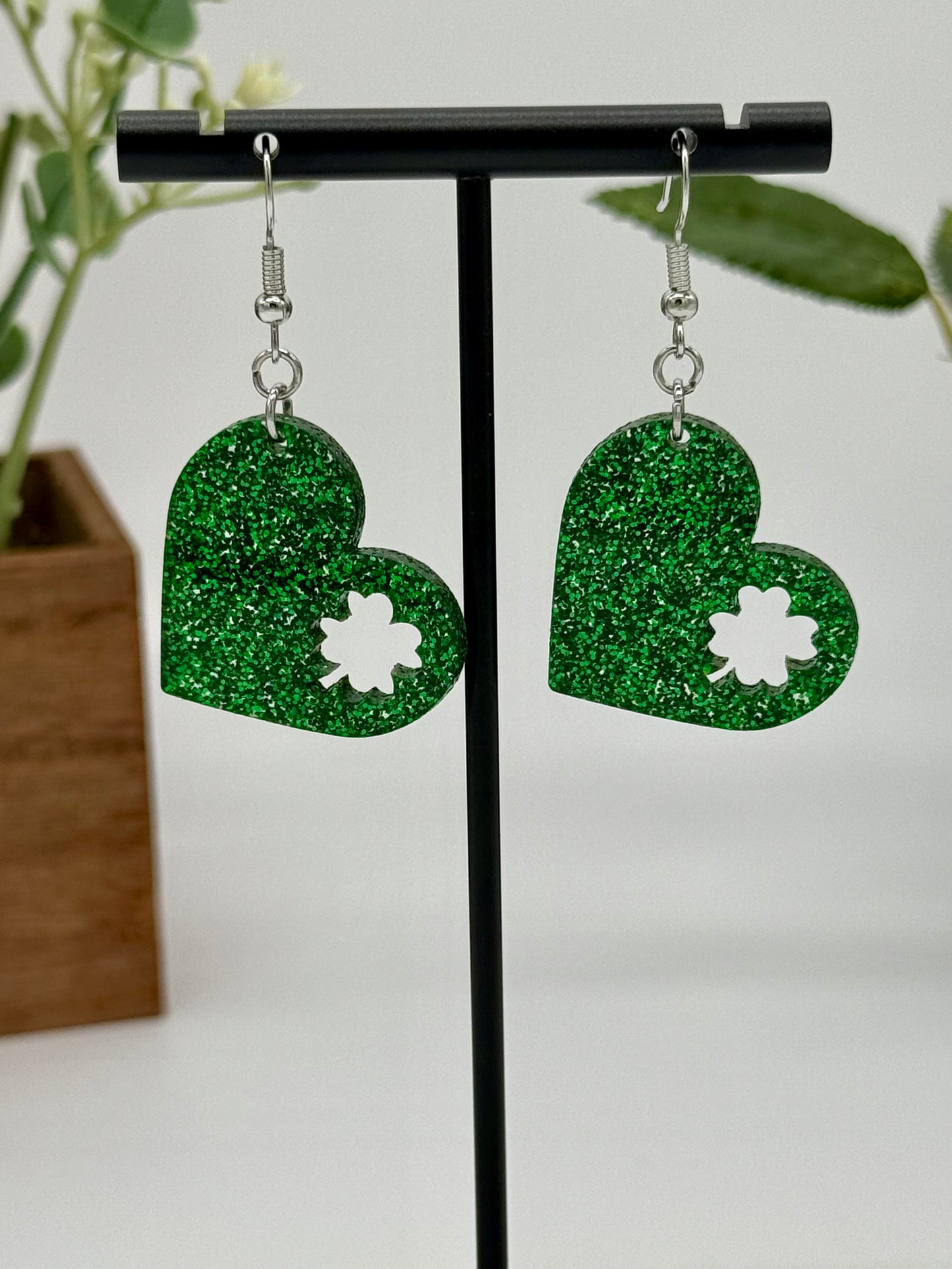 Green Glitter Heart with Shamrock Cutout Earrings