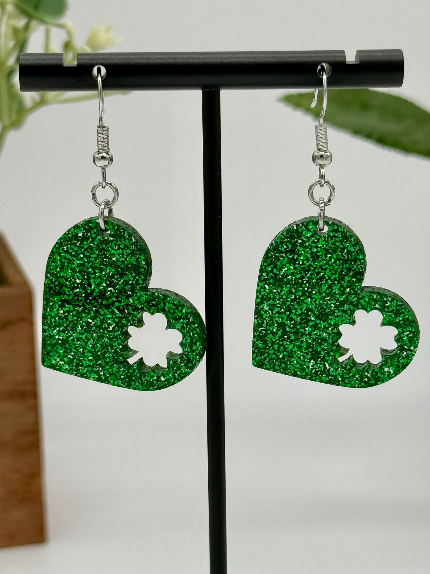 Green Glitter Heart with Shamrock Cutout Earrings