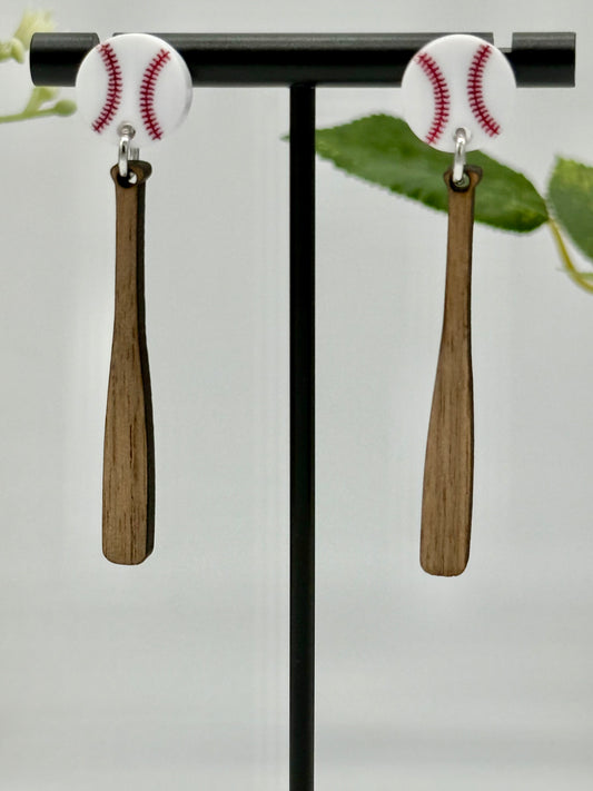 Baseball Bat Earrings with Baseball Stud