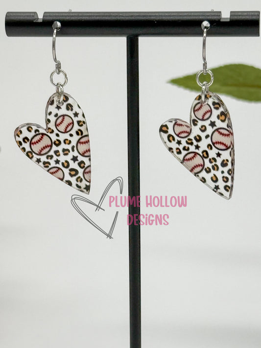 Baseball Leopard Small Heart Earrings