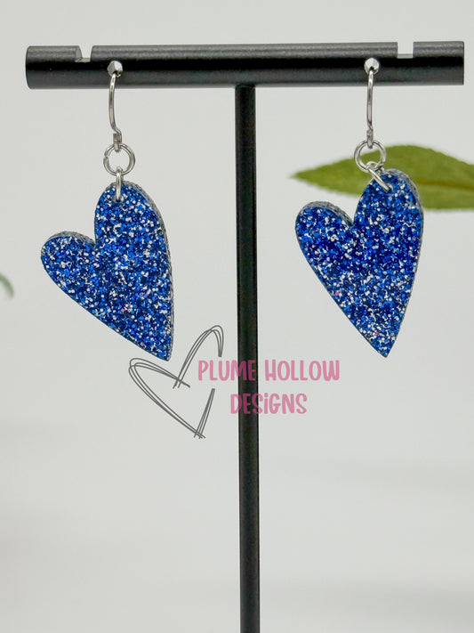 Blue Glitter Small Heart Earrings